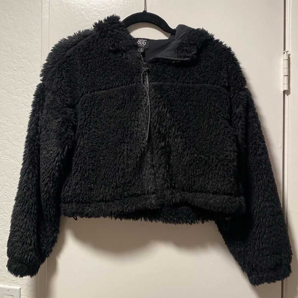 BDG Hooded Cropped Teddy Jacket